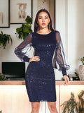 Blue Sequin Dress Sheer Sleeve