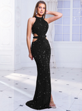 Black Sequin Slit Dress With Choker