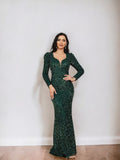 Green Sequin Dress V Neck Long Sleeve