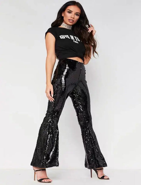 Black High Waisted Flared Pants With Sequins