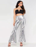 Silver High Waisted Flared Pants With Sequins