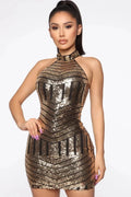 Striped Gold Sequin Round Neck Mini Dress