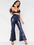 Navy_Blue High Waisted Flared Pants With Sequins