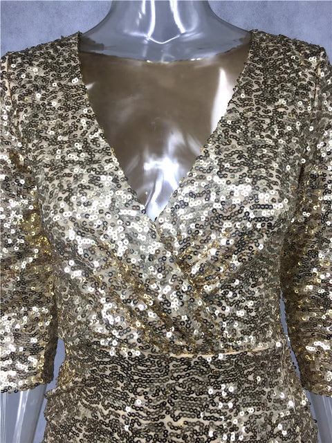 Short Gold Sequin Dress V Neck