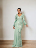 Long Sleeve V Neck Light Green Sequin Dress