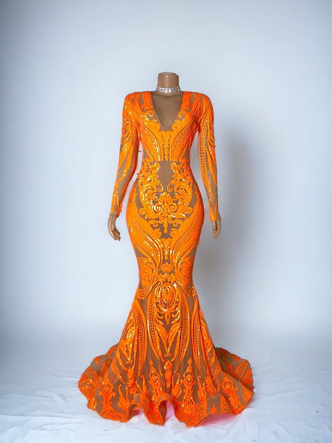 Orange Sequined Evening Dress