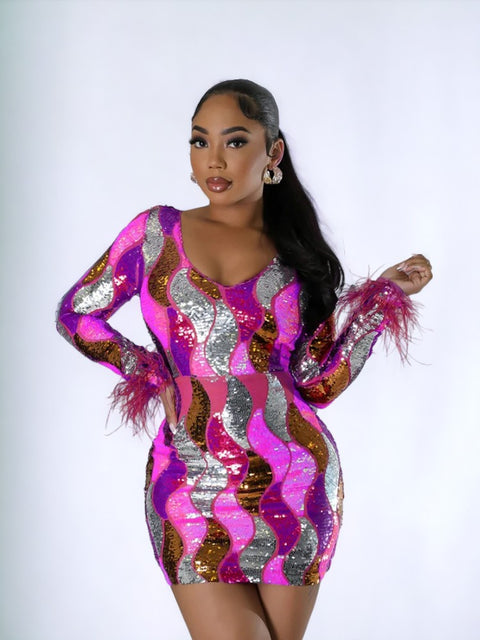 Purple Pink Sequin Dress With Feather Sleeves