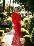 Red Sequin One Sleeve Lantern Dress