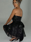 Black Sequin Strapless Bow Dress