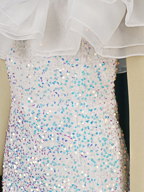 White Sequin Dress Sleeveless Puff Top