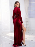 Burgundy Sequin Dress Velvet Long Sleeve