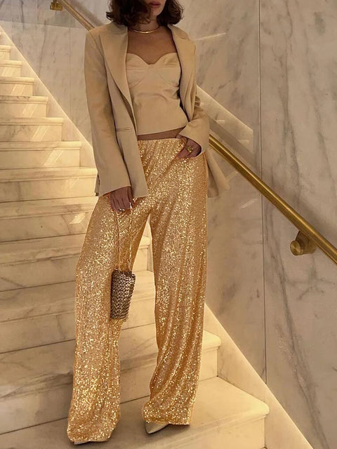 Gold Wide Leg Sequin Pants