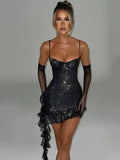 Black Sequin Dress With Straps And Gloves