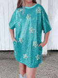 Blue Sequin Shirt Dress Stars