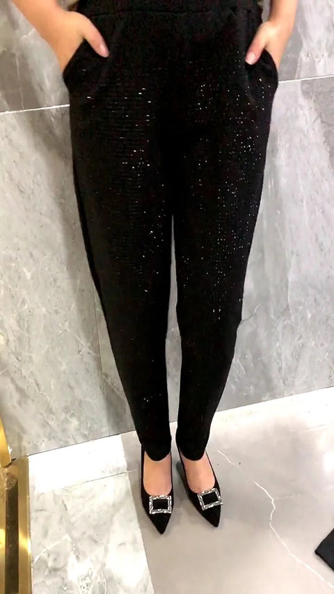 Plus Size Black Pants Rhinestones