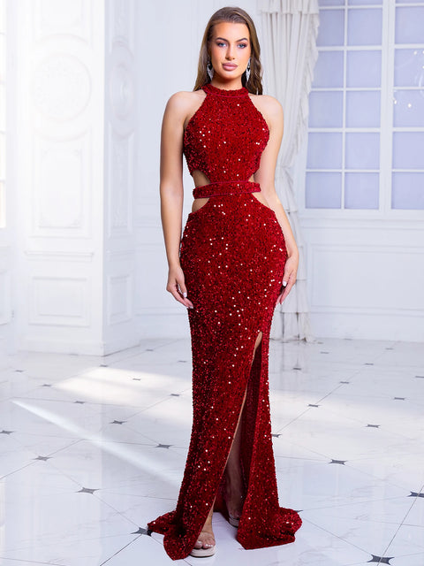 Red Sequin Slit Dress With Choker