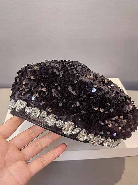 Silver Sequin Beret Hat Rhinestones