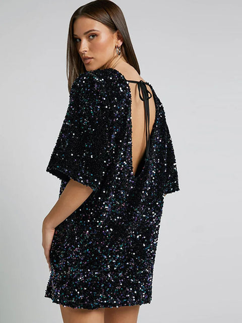 Sequin Halter Shirt Dress black