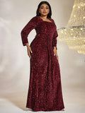 Burgundy Plus Size Sequin Dress Long Sleeve