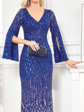 Plus Size Blue Sequin Dress Flared Sleeves