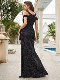 Long Black Sequin Dress With Belt