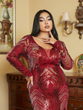 Plus Size Burgundy Gold Sequin Dress Long Sleeve