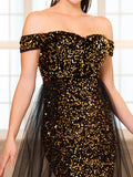 Long Gold Sequin Dress Off Shoulder With Train