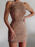 Beige Sequin Shoulder Beaded Dress