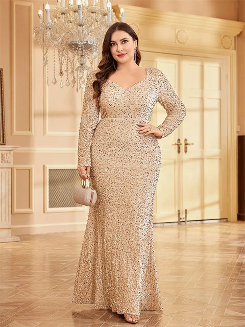 Plus Size Gold Sequin Dress Long Sleeve