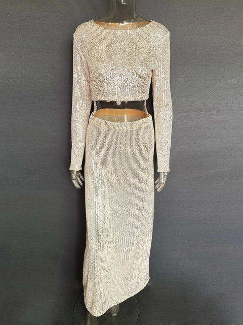 Gold  Sequin 2 Piece Set Crop Top Pant