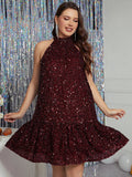 Plus Size Burgundy Glitter Mini Dress