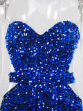 Blue Sequin Strapless Halter Dress