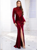 Burgundy Sequin Dress Velvet Long Sleeve