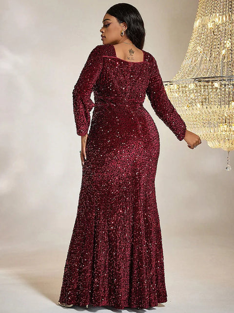 Burgundy Plus Size Sequin Dress Long Sleeve