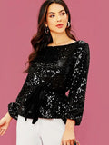 Black Sequin Long Sleeve Top Belt