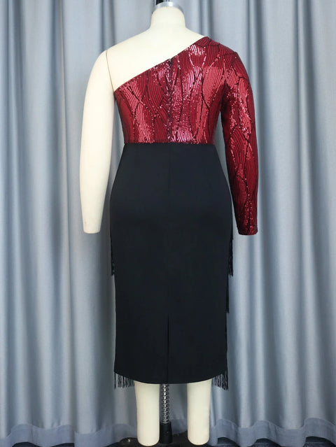 Black Burgundy Fringe Sequin Dress Plus Size