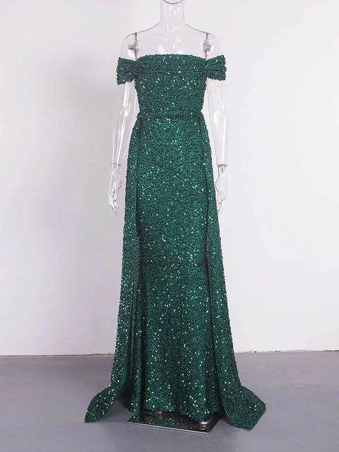 Emerald Green Glitter Dress Off Shoulder