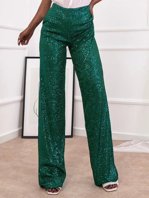 Green Wide Leg Sequin Pants