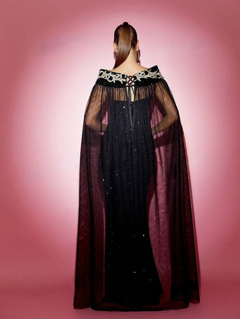 Black Sequin Evening Dress With Cape