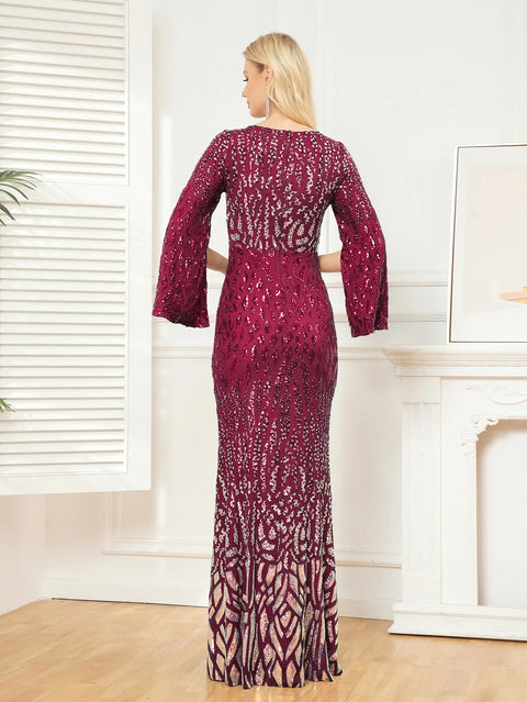 Plus Size Burgundy Sequin Dress Flared Sleeves