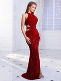 Red Sequin Slit Dress With Choker