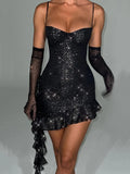 Black Sequin Dress With Straps And Gloves