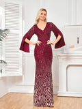 Plus Size Burgundy Sequin Dress Flared Sleeves