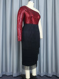 Black Burgundy Fringe Sequin Dress Plus Size