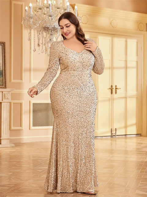 Plus Size Gold Sequin Dress Long Sleeve