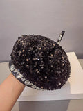 Silver Sequin Beret Hat Rhinestones