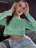 Light Green Sequin 2 Piece Set Crop Top Pant