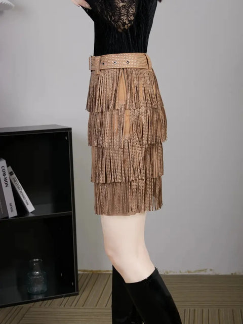 Brown Fringed Mini Skirt Rhinestones