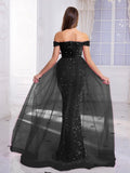 Long Black Sequin Dress Off Shoulder With Train