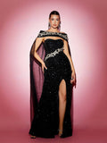 Black Sequin Evening Dress With Cape